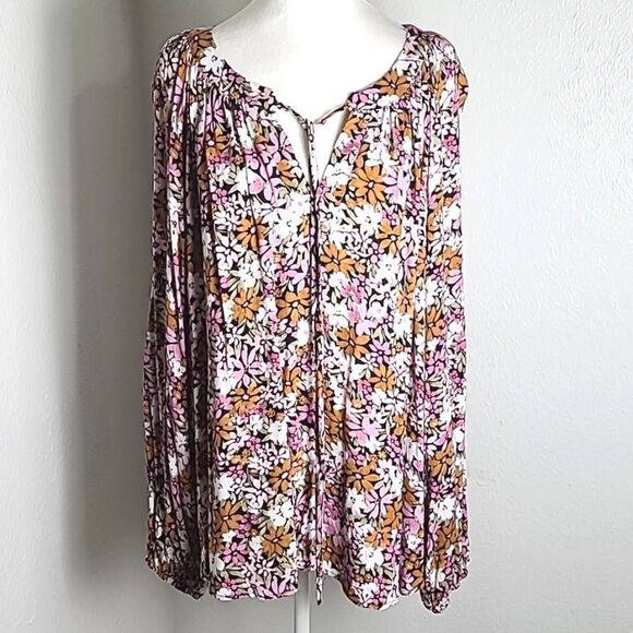 Emily Wonder Tops - Emily Wonder Fall Bouquet Top, Pink, White, Rust, Tie & Loophole, Size 1X, NWT